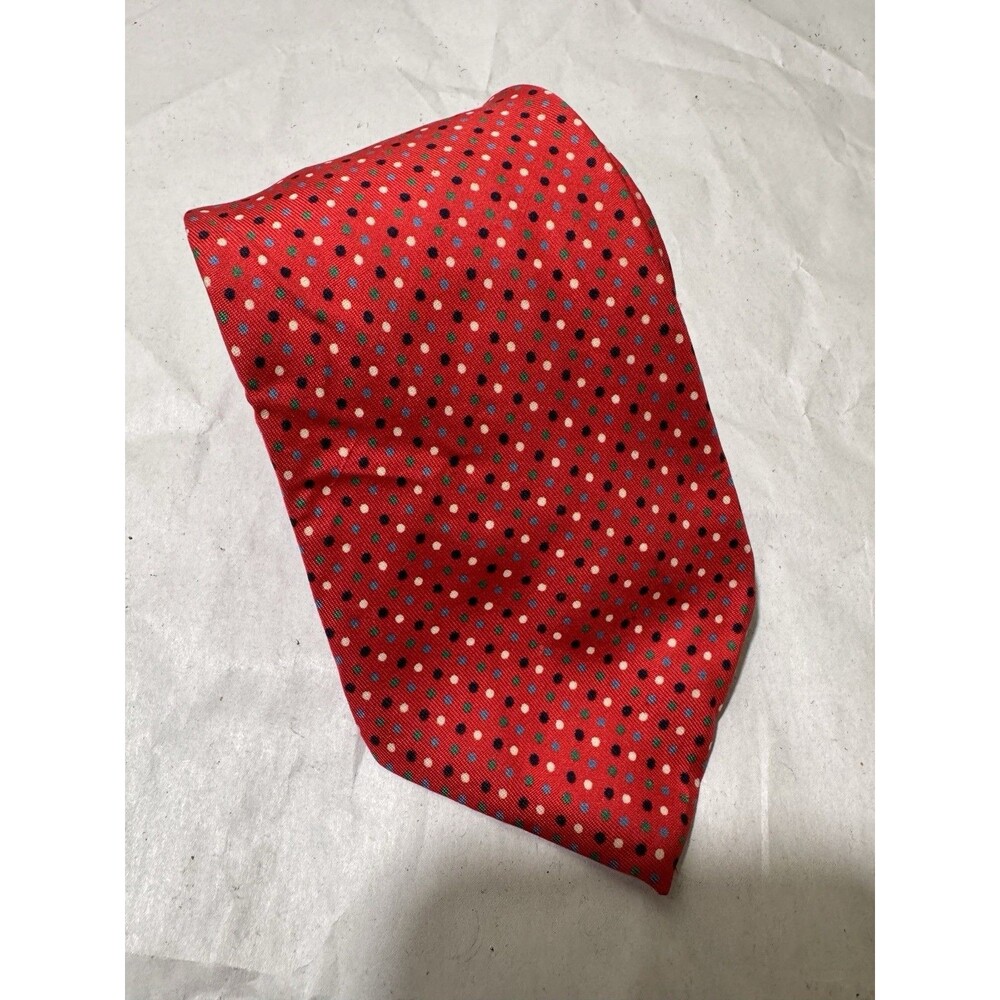 TURNBULL & ASSER Silk Tie Red with Black/Blue/Yellow  Micro‑Dots 58"x3.5”